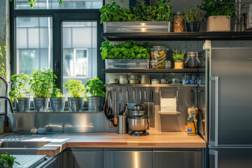 Modern urban kitchen interior with stainless steel appliances, open shelving, and herb garden on windowsill. Contemporary small kitchen design concept with industrial accents. - obrazy, fototapety, plakaty