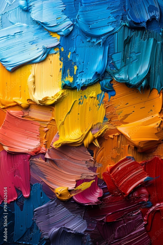 Poster abstract paint brushes blend chaotic strokes, harmonious primary colors, creating a vibrant composit