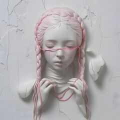 Surreal Porcelain Girl with Pink Braids Emerging from Wall Art 3D
