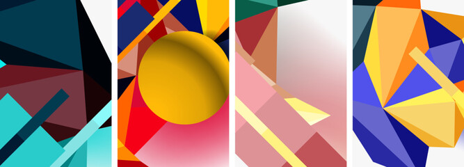 Vibrant geometric shapes of various colors like magenta, painted on a white canvas. The collage includes rectangles, triangles, and circles, creating a striking and colorful pattern