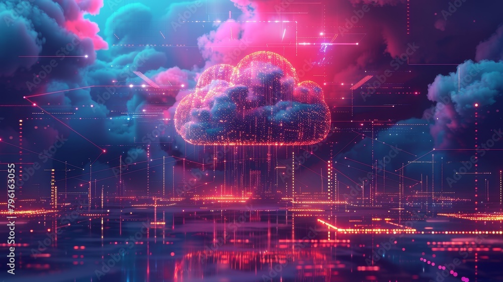 Poster cloud computing: a 3d vector illustration of a cloud server surrounded by digital data