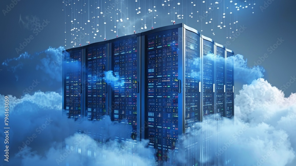 Poster cloud computing: a 3d vector illustration of a cloud infrastructure with servers and data storage un
