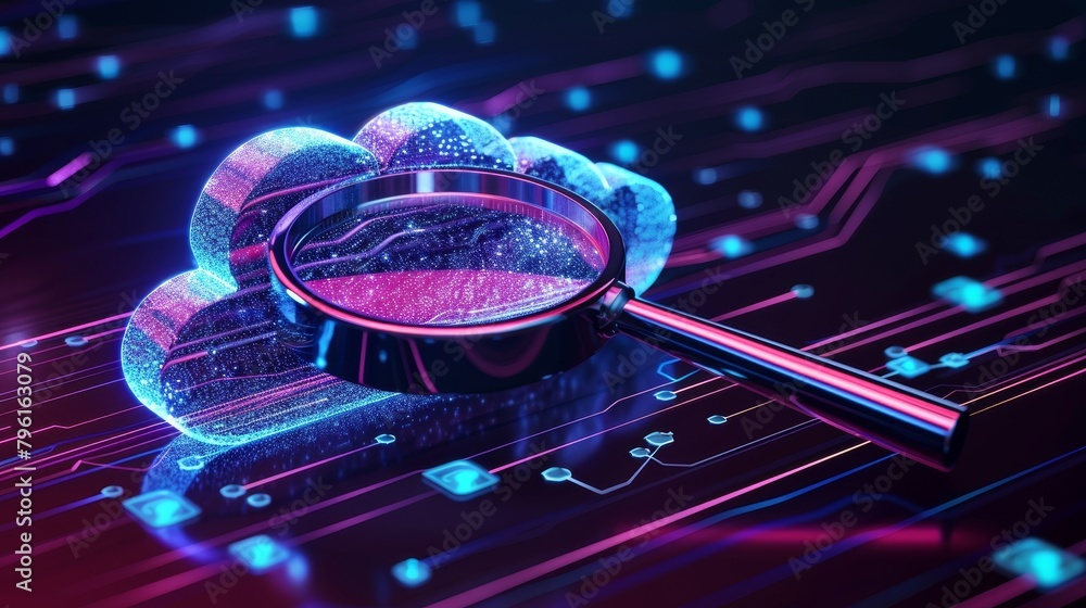 Poster cloud computing: a 3d vector illustration of a cloud with a magnifying glass