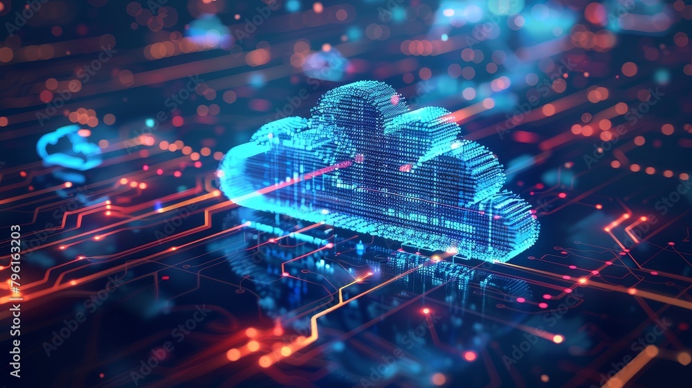 Poster cloud computing: a 3d vector illustration of a cloud with data flowing into it from various devices