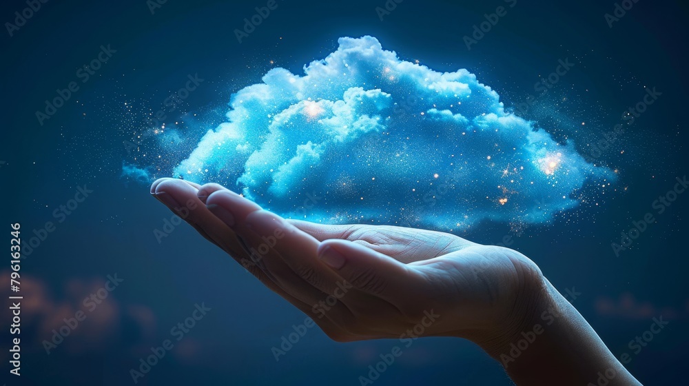 Poster cloud computing: a 3d vector illustration of a hand holding a cloud with digital data inside