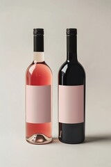 two wine bottles, mockup with minimalistic label design, card with copy space, winery shop