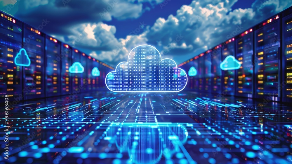 Poster cloud computing: a vector graphic showing data being synchronized