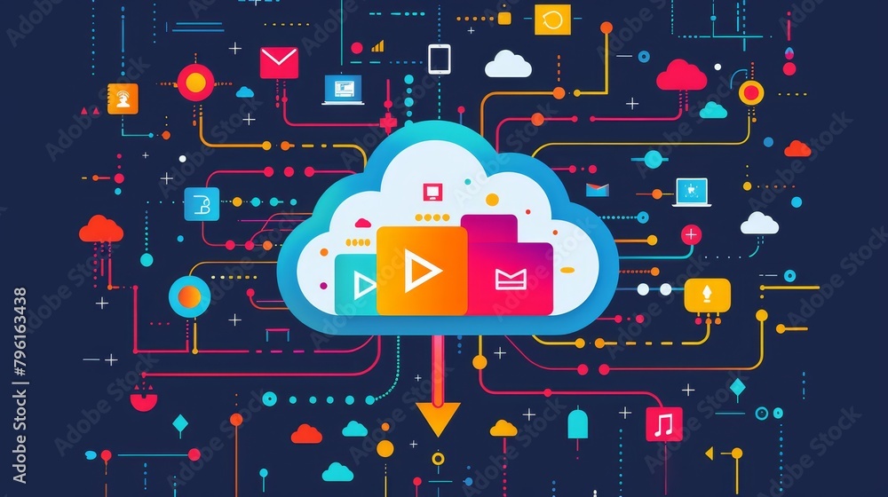 Poster cloud computing: a vector illustration showing data being uploaded to the cloud