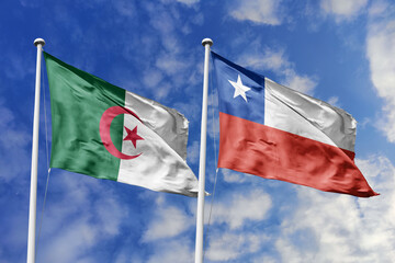 3d illustration. Algeria and Chile Flag waving in sky. High detailed waving flag. 3D render. Waving in sky. Flags fluttered in the cloudy sky.