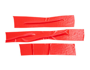 Top view set of  wrinkled red adhesive vinyl tape or cloth tape in stripes shape isolated with clipping path in png file format