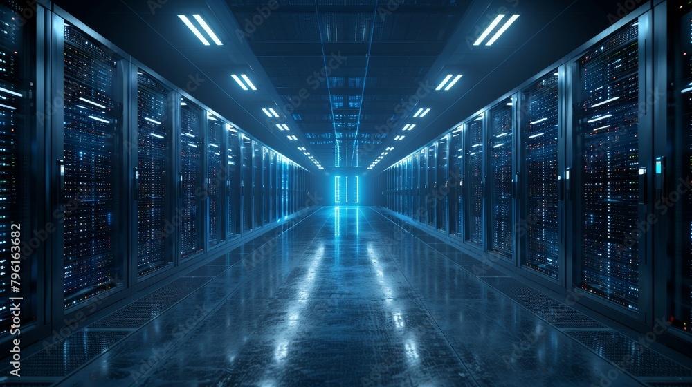 Poster cloud computing: an image of a server room with rows of servers