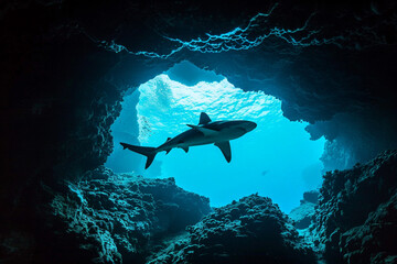 shark silhouette against the backdrop of a dramatic underwater cave, its form momentarily framed by the entrance as it turns back into the shadowy depths - obrazy, fototapety, plakaty