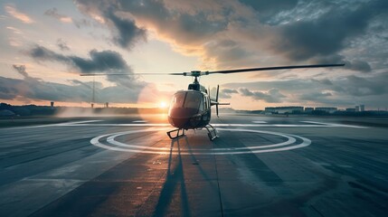 A helicopter hovering above a helipad, rotor blades spinning as it prepares to touch down with precision, showcasing the versatility and utility of rotary-wing aircraft. - obrazy, fototapety, plakaty