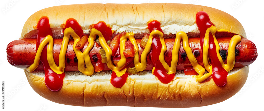 Sticker close-up image of a hot dog with mustard and ketchup on top