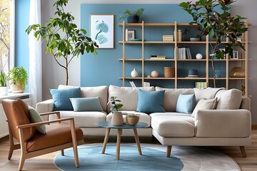 Tranquil Scandinavian Living Room in Beige and Blue Tones