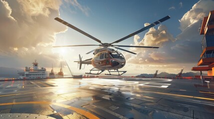 A helicopter hovering above a helipad, rotor blades spinning as it prepares to touch down with precision, showcasing the versatility and utility of rotary-wing aircraft. - obrazy, fototapety, plakaty