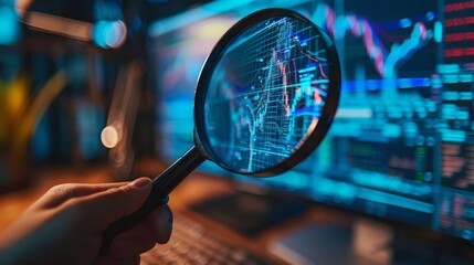 Cybersecurity: A photo of a person with a magnifying glass inspecting a computer screen for security vulnerabilities