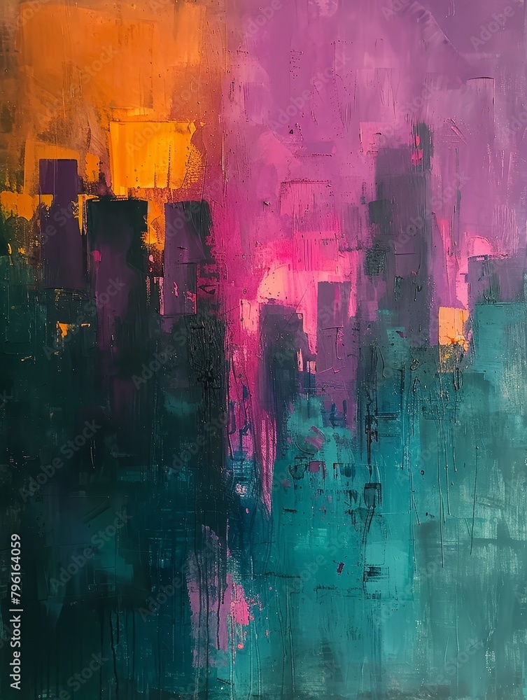 Poster abstract expressionist style features chaotic yet harmonious colors on large canvas, creating mesmer