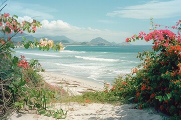 Waves gently breaking on a sandy shore, framed by a riot of colorful flowers and intricate vines