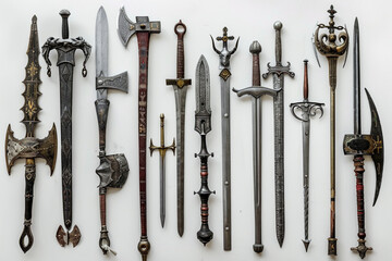 Show a collection of various medieval weaponry from swords and axes to spears and maces