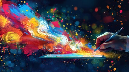 Digital Innovation: A vector illustration of a digital artist creating a piece of art using a stylus and tablet