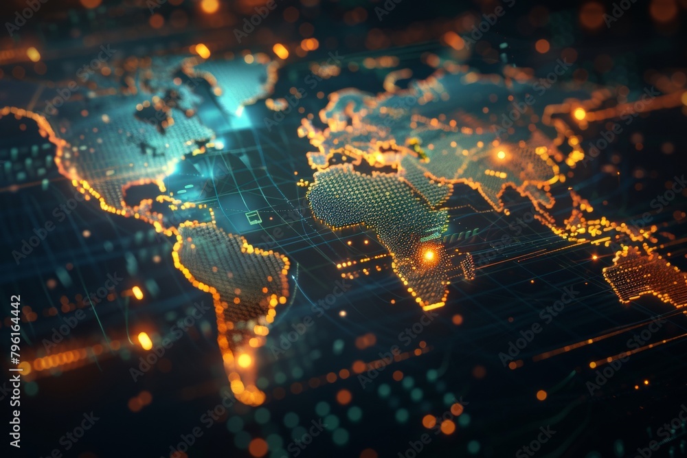 Poster a pixelated world map with chunky continents, glowing nodes representing major data hubs, pulsating 