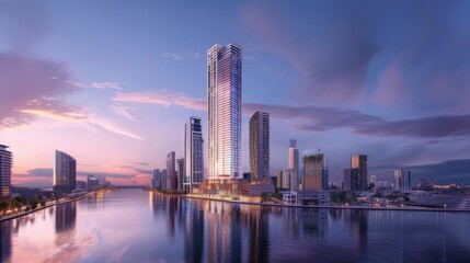 Fototapeta premium A high-rise building rises above the riverbank, its mirrored surface reflecting the surrounding cityscape in a stunning display of urban elegance.