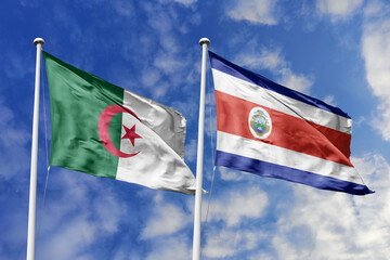 3d illustration. Algeria and Costa Rica Flag waving in sky. High detailed waving flag. 3D render. Waving in sky. Flags fluttered in the cloudy sky.