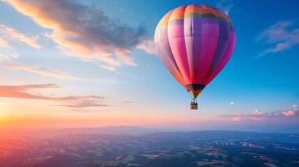 Fototapeta na wymiar A hot air balloon ascending into the early morning sky, its colorful envelope glowing in the dawn light as it carries passengers on a tranquil journey above the earth.