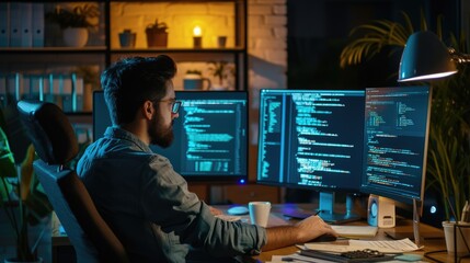 A software developer works on code late into the night, illuminated by the glow of multiple computer screens in a modern office. AIG41