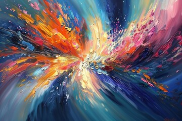 Abstract paintings, large canvas filled with explosive color bursts, energetic and bold