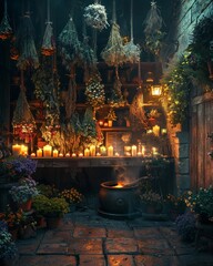 Fototapeta premium An atmospheric witchs kitchen filled with hanging dried herbs and glowing candles, cauldron bubbling in the background, perfect for Halloween themes , high resolution DSLR