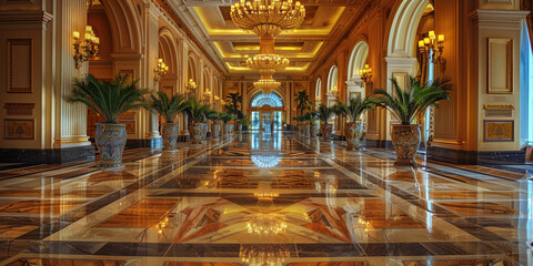 Obraz premium Luxurious Hotel Lobby: Elegant Marble Floors, Opulent Chandeliers, and Lush Greenery Adorning the Ambiance of Exclusivity and Grandeur