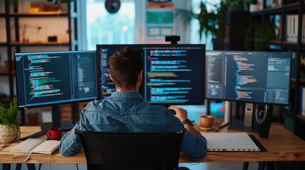 A focused software developer codes on a dual monitor setup in a modern office environment with a minimalist aesthetic. AIG41