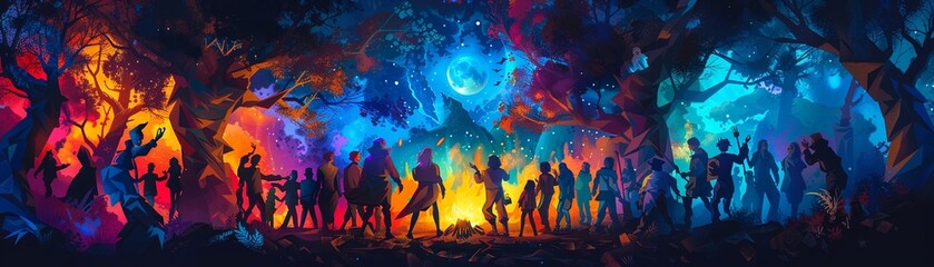 Eerie Halloween gathering of time travelers, each representing different eras, sharing ghost stories around a holographic campfire , impressive cubism art style