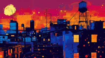 A pop art rooftop view of a city at night, twinkling lights, bold outlines, and a stylized water tower - obrazy, fototapety, plakaty