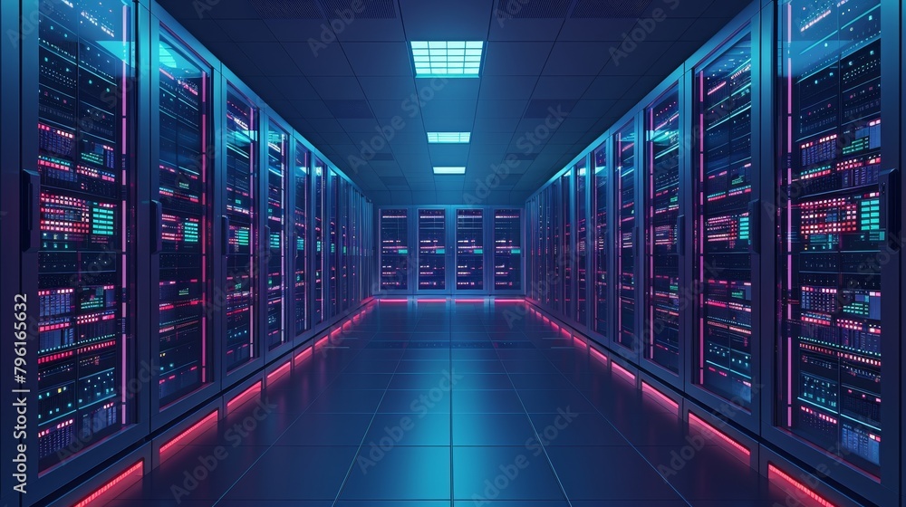 Poster internet infrastructure: a 3d vector illustration of a large data center filled with rows of servers
