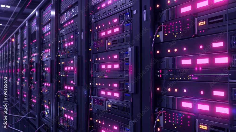 Poster internet infrastructure: a 3d vector illustration of network switches and routers in a data center