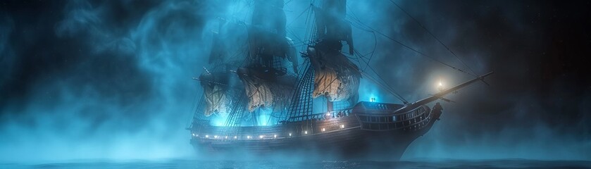 Obraz premium Ghostly pirate ship emerging from dense fog at night, with tattered sails and eerie blue lights illuminating the deck , 3DCG