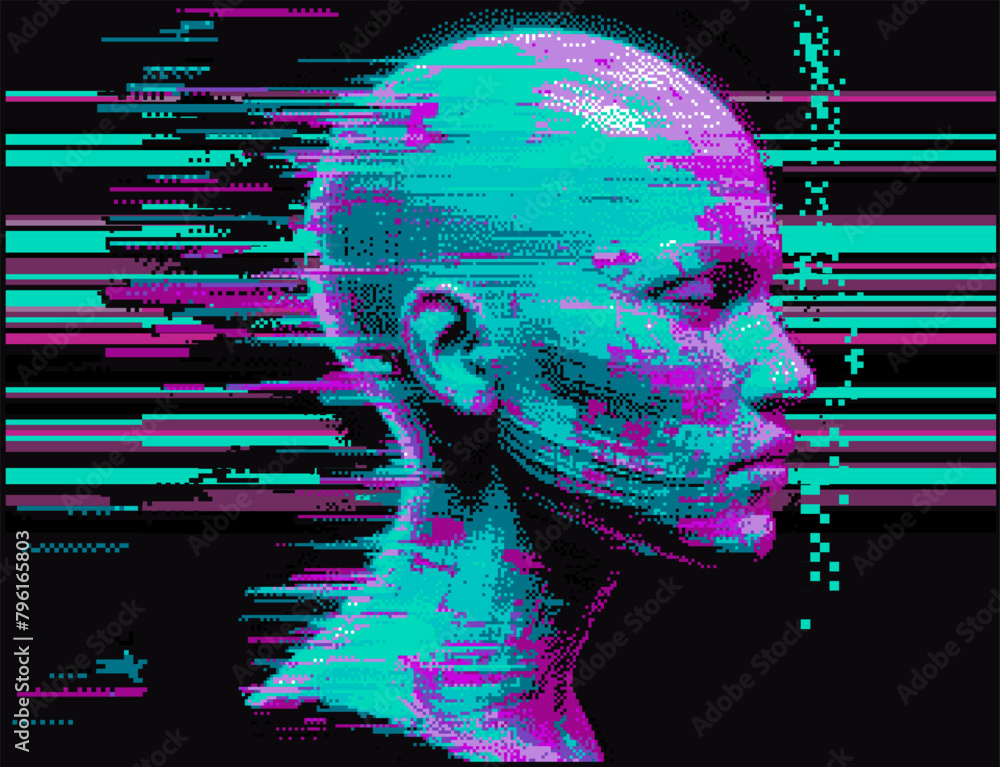 Poster glitched and pixelated silhouette of a 3d human head on a dark background. conceptual vector illustr