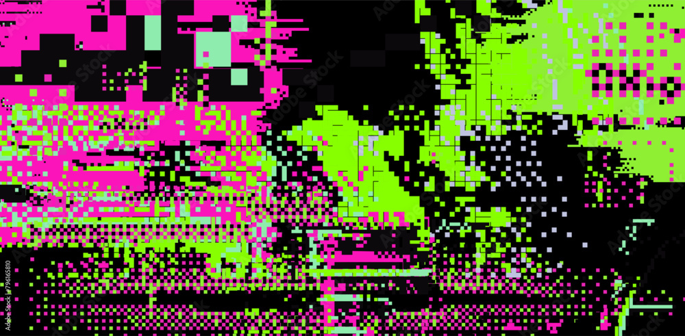 Aufkleber Bright background with pixel glitches and flickers. Concept vector illustration of a broken program code or malware damage. 