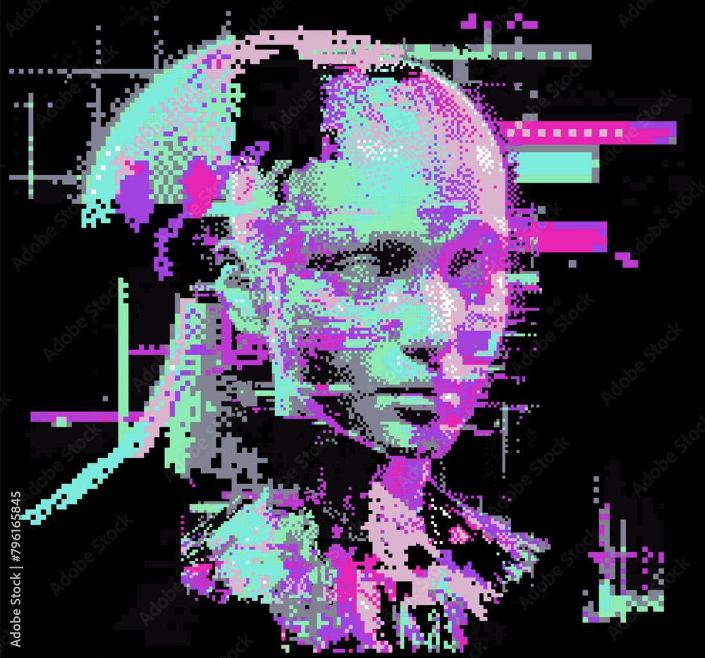 Poster glitched and pixelated silhouette of a 3d human head on a dark background. conceptual vector illustr