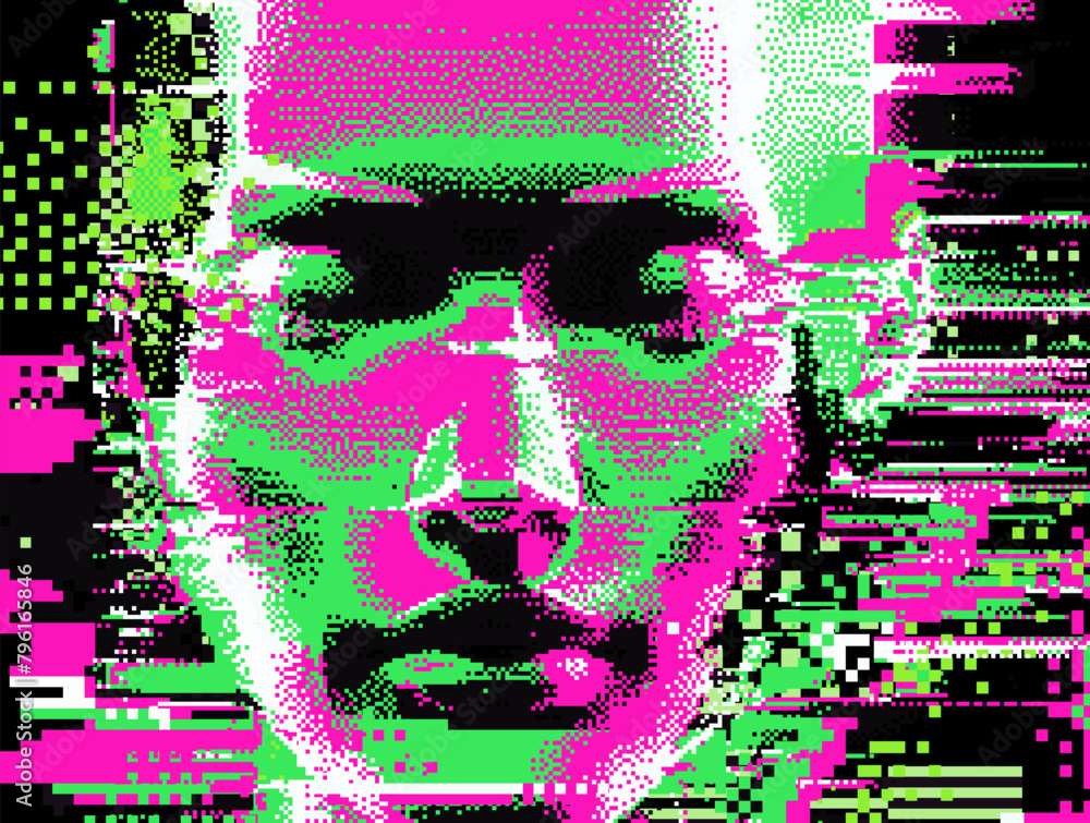 Poster glitched and pixelated silhouette of a 3d human head on a dark background. conceptual vector illustr