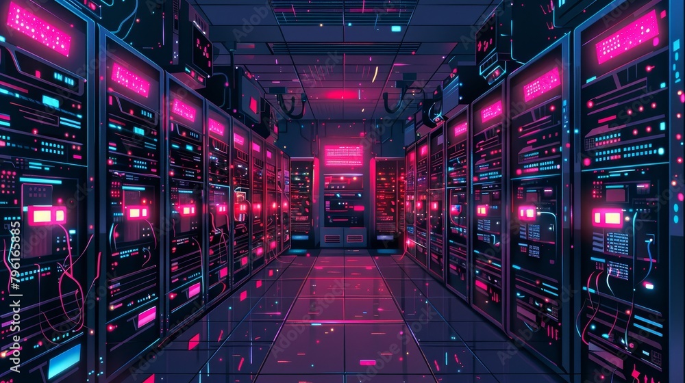 Poster internet infrastructure: a vector illustration of a data center filled with rows of servers and netw