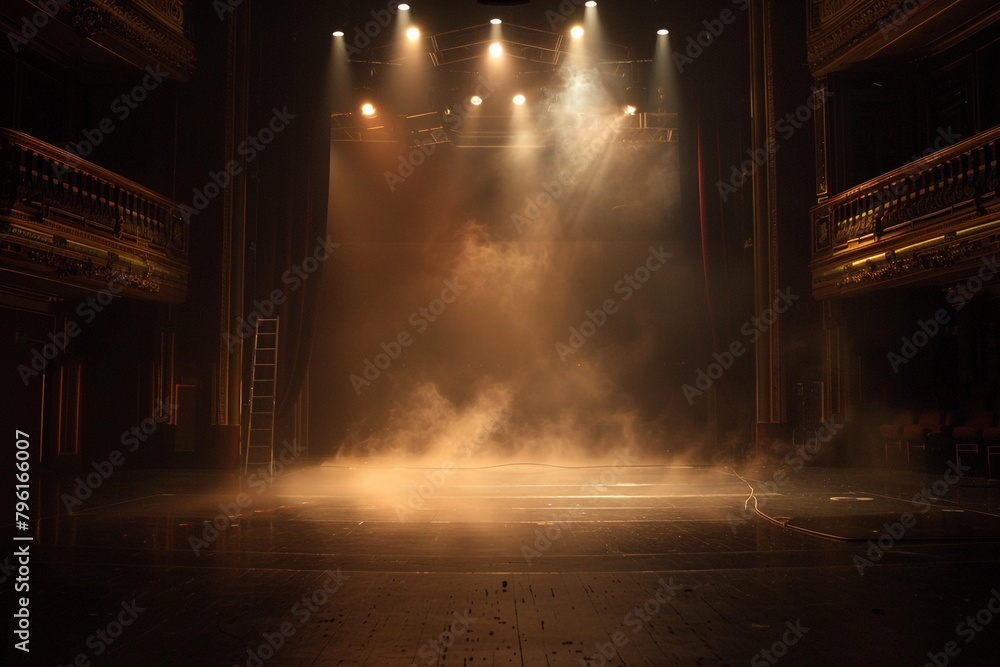 Poster silent artistry of an empty stage, set with complex lighting design casting an ethereal glow
