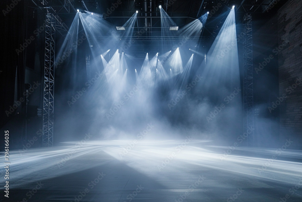 Poster silent artistry of an empty stage, set with complex lighting design casting an ethereal glow