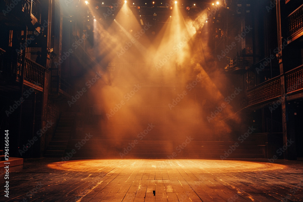 Poster silent artistry of an empty stage, set with complex lighting design casting an ethereal glow
