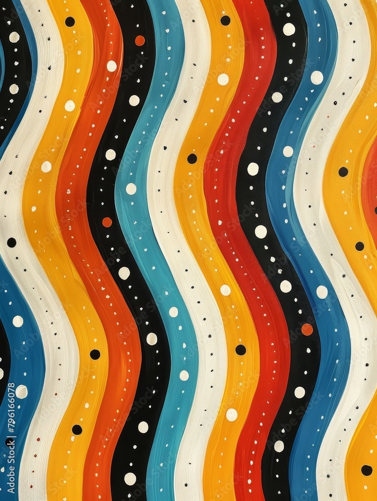 Poster engaging optical illusion crafted with abstract patterns, dynamic stripes, and playful dots