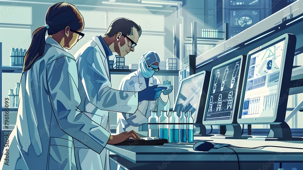 Poster team of medical researchers analyzing data on computer screen in modern laboratory