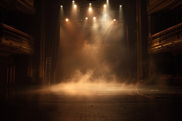 Silent artistry of an empty stage, set with complex lighting design casting an ethereal glow 